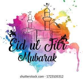 Eid Mubarak greetings with watercolor background 