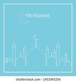 eid mubarak gretting card soft blue background and white line art