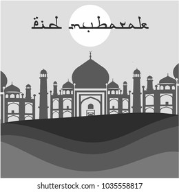 Eid Mubarak grey mosque arabic desert silhouette islamic greeting banner background