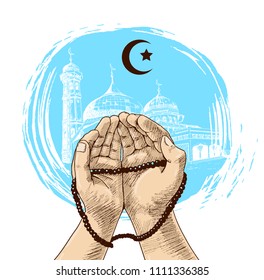 Eid Mubarak hand drawing sketch of colored hand praying blue background. Vector illustration for ramadan poster, flyer, greeting card, banner and template