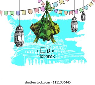 Eid Mubarak hand drawing sketch of colorful ketupat, ribbon and lantern blue background. Vector illustration for ramadan poster, flyer, greeting card, banner and template