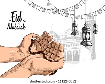 Eid Mubarak hand drawing sketch of colored hand praying, lantern and ribbon. Vector illustration for ramadan poster, flyer, greeting card, banner and template