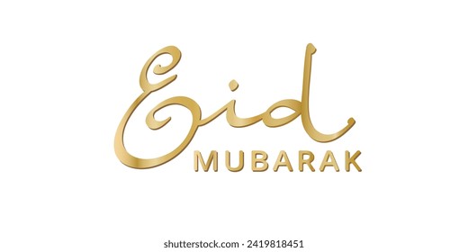 Eid mubarak hand drawn calligraphy. Golden shiny Eid word on transparent background. Arabic style lettering. For Ramadan, Eid Adha and muslim holidays banners, cards, social media posts. Vector.