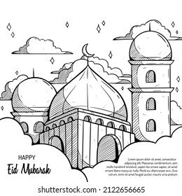 Eid Mubarak con mezquita dibujada a mano sobre fondo blanco