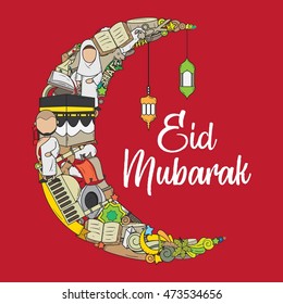 Eid mubarak hand drawn sketch, Eid al-Adha doodles, hajj and umrah. Great for card, banner and poster