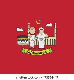 Eid mubarak hand drawn sketch with red background, Eid al-Adha doodles, hajj and umrah