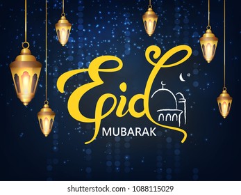 Eid Mubarak Hand Lettering Text wih Hanging Golden Lamps.