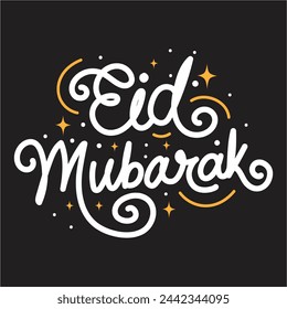 Eid Mubarak hand written lettering, calligraphy, typography vector illustration with celebration elements. Eid Mubarak free hand lettering poster, banner, greeting card, template design.