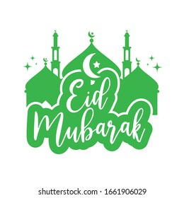 Eid mubarak hand written with mosque illustration background. 