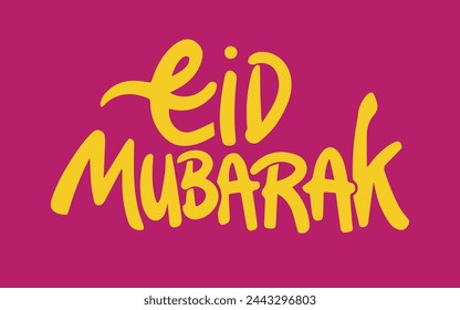 Eid Mubarak handwritten lettering. Modern Calligraphy. Yellow text Vector lettering isolated on pink background. Eid Mubarak hand drawn lettering for your design
