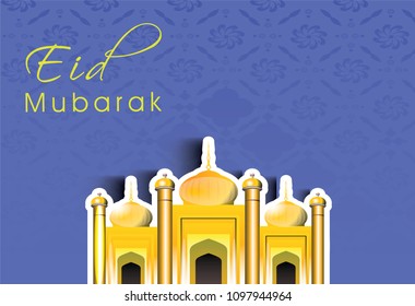 Eid Mubarak handwritten lettering. Vector calligraphy with mosque, vector illustration
