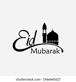 Eid Mubarak handwritten lettering. Vector calligraphy with mosque isolated on white background