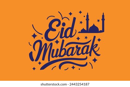 Eid Mubarak handwritten lettering. Vector blue calligraphy with mosque isolated on yellow background for your design