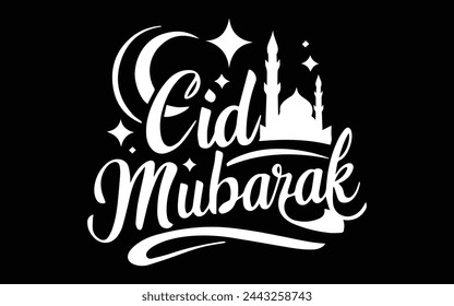 Eid Mubarak handwritten lettering. White text Vector calligraphy with mosque isolated on black background for your design