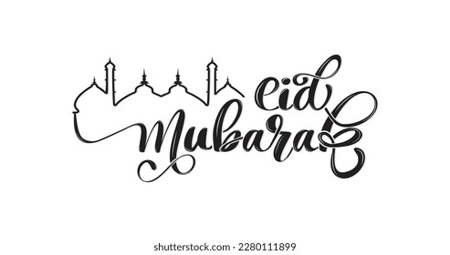 Eid Mubarak handwritten text lettering. Vector calligraphy with a mosque in black color on white background for your design. Suitable for cards, banners, and posters