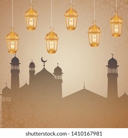 Eid mubarak hanging gold lamps over temple silhouette vector editable illustration