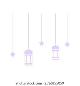 Eid Mubarak Hanging Lanterns And Star In Flat Vector Illustration Symbolizing Celebration, Faith, And Tradition, Isolated On White Background