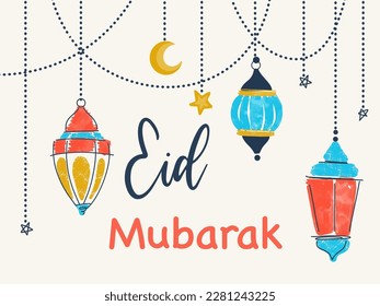 Eid Mubarak Hanging Lanterns Vector Greeting Card Template