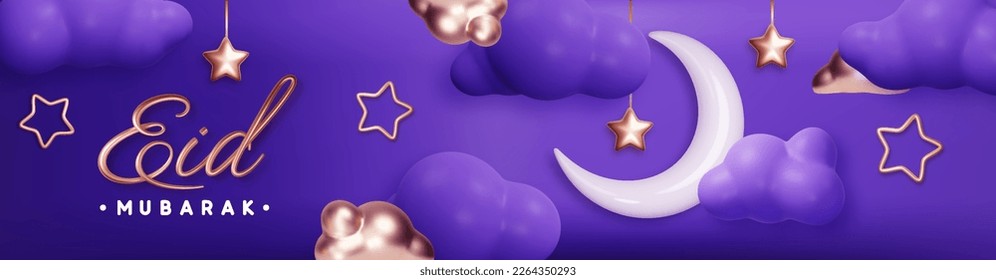 Eid Mubarak with hanging white glossy crescent, flashlight, cloud and stars. Vector illustration. Horizontal islamic holidays design concept with place for text