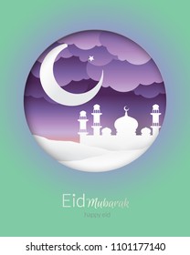 Eid Mubarak or Happy Eid greeting card. Arabian nights with cloudy sky. Paper cutting style. Vector Illustration.