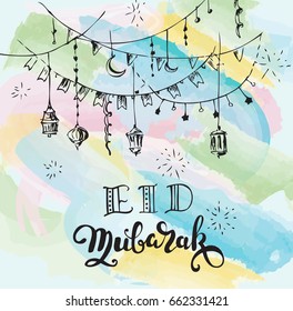 Eid Mubarak (Happy holiday on arabic) Lettering Calligraphy, Islamic sketch art. Muslim background. Greeting card for Eid ul-Fitr or Eid al Adha. Vector illustration.