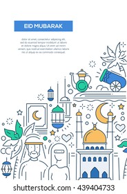 Eid Mubarak, happy holidays - vector line design brochure poster, flyer presentation template, A4 size layout. Greeting, muslim symbol, islamic people, ramadan, sacred holiday