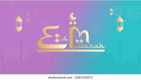 Eid Mubarak. Happy Eid Mubarak for you. Vector calligraphy with moon and mosque isolated on color background for your design or gretting card