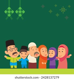 Eid Mubarak Hari Raya Aidilfitri greeting card empty space with Muslim family together cartoon vector illustration