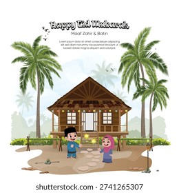 Eid Mubarak Hari Raya Malay Village Illustration with Kids Playing Sparklers. Warm and nostalgic Hari Raya Aidilfitri illustration featuring a traditional Malay wooden village house surrounded by coconut trees, with happy children playing sparklers in a kampung setting.