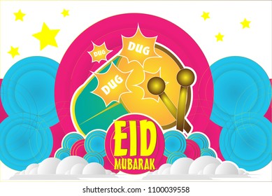 eid mubarak has mean musim event or holiday with the beduk or traditional music instrument background, vector beautiful greeting card with eps 10 format