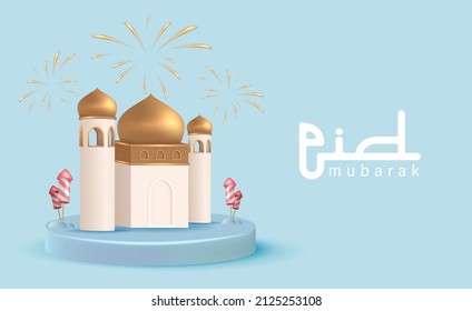 Eid Mubarak Holiday Background with 3D Realistic Mosque in Podium Vector Illustration