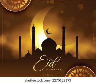 eid mubarak holiday background with shiny moon and mosque vector 