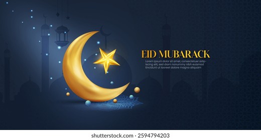 Eid mubarak holiday celebration background design template with half moon, mosque, star and shadow overlay. Ramadan kareem banner. Islamic 3D realistic background design with dark blue color. 