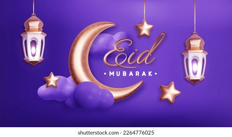 Eid Mubarak holiday design concept with Gold Moon, 3d Clouds and Stars on Violet Background. Golden realistic symbols of arab islamic holidays