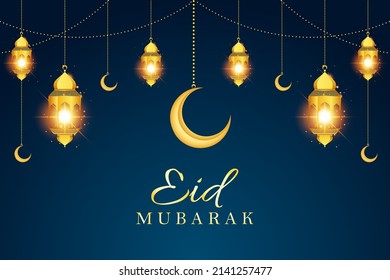 Eid Mubarak holiday greeting with moon and lanterns.	
