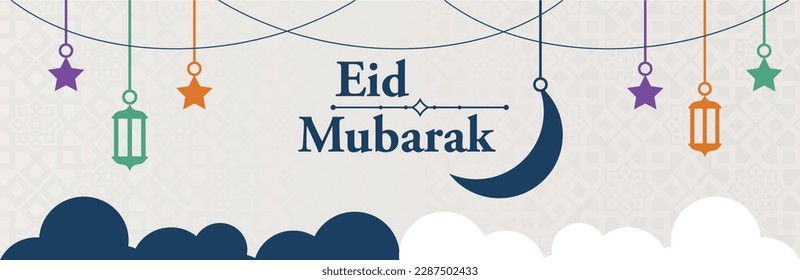 Eid Mubarak Horizontal Banner and Poster Template With Colorful Lanterns Islamic Ornament and Cloud