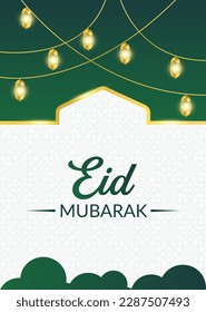 Eid Mubarak Horizontal Banner and Poster Template With Illuminated Lanterns Islamic Ornament and Cloud