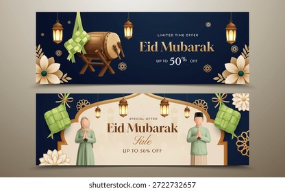 Eid Mubarak Horizontal Web Banner mit Bedug Drum, Ketupat und goldenen Laternen
