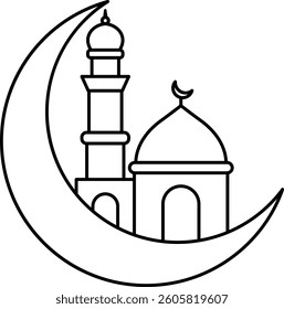 Eid mubarak icon. Crescent with mosque. Islamic festival signs and symbols.