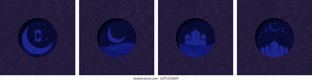 Icono de Eid Mubarak ambientado en azul monocromático. Afiches modernos del Ramadán Mubarak. Luna, cúpula de mezquita, desierto, dunas, media luna, linterna, estrellas. Ilustración vectorial. EPS 10.