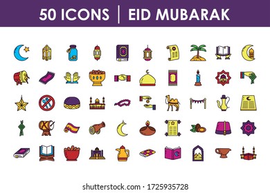 Eid mubarak icon set over white background, line and fill style, vector illustration