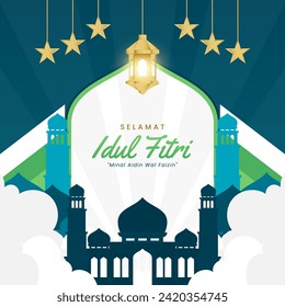 eid mubarak or idul fitri celebration with lanterns and mosques suitable for banner and poster