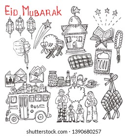 Eid mubarak or idul fitri in doodle style