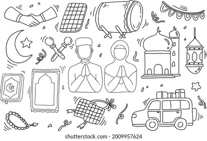 Eid Mubarak Or Idul Fitri Doodle Element. Set Of Hand Drawn Icons And Symbols For Holy Muslim Festival Eid Ul-Fitr. Greetings. Doodle Style. Coloring Book
