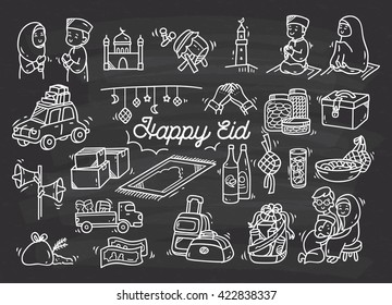 Eid mubarak or idul fitri doodle element on chalkboard background