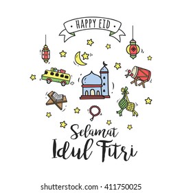 Eid mubarak or idul fitri greeting card in cartoon doodle style