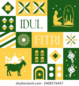Eid Mubarak Idul Fitri seamless pattern in scandinavian style postcard with Retro clean concept design