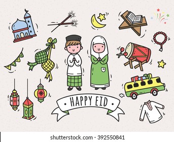 Eid mubarak o idul fitri elemento de doodle de dibujos animados con temática