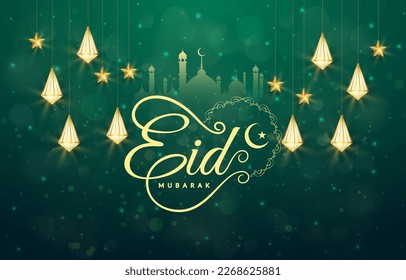eid mubarak illustration banner with beautiful luxury shiny islamic ornament and abstract gradient green and blue background design