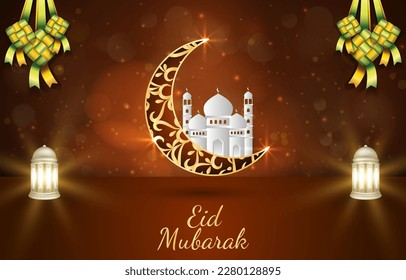 eid mubarak illustration banner with beautiful shiny golden islamic ornament and abstract gradient brown background design